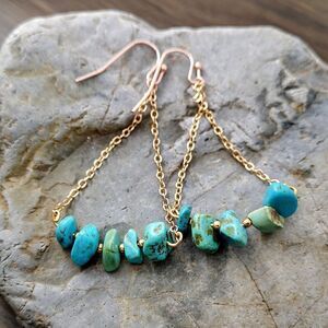 Bohemian Faux Teal Blue Turquoise Dangle Earrings Gold Tone Women's Lightweight